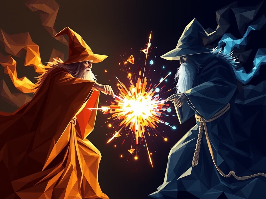 Two wizards locked in an epic battle of light and shadow